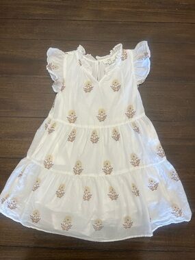 Girls White Cotton Tiered Dress with Yellow Floral Motif